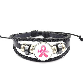 Bracelet réglable en alliage de verre, ruban de sensibilisation au cancer du sein, rose, octobre, bracelet multibrins triple épaisseur en simili cuir