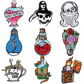 Halloween Skull/Light Bulb/Bottle Appliques, Embroidery Iron on Cloth Patches, Sewing Craft Decoration