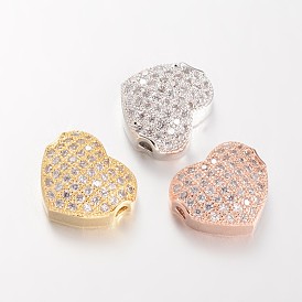 Heart Brass Micro Pave Cubic Zirconia Beads, Lead Free & Nickel Free, 10x11.5x4mm, Hole: 1.5mm