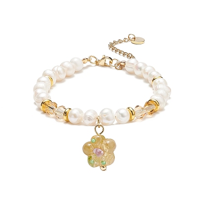 4Pcs 4 Color Lampwork Flower Charm Bracelets Set, Natural Pearl & Glass Beaded Dainty Bracelets for Women