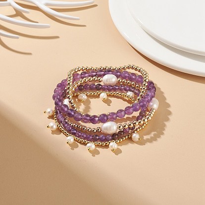 Ensemble de bracelets extensibles en perles de pierres précieuses naturelles et en laiton de style pcs 5, bracelets empilables à breloques en perles naturelles pour femmes