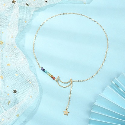 Collier lariat en alliage lune et étoile, collier en acier inoxydable avec perles de pierres mélangées naturelles et synthétiques
