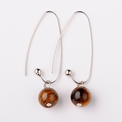 Pierres précieuses rondes naturel boucles d'oreilles perles, avec platine plaqué laiton boucle d'oreille crochets, 46mm, pin: 0.5 mm