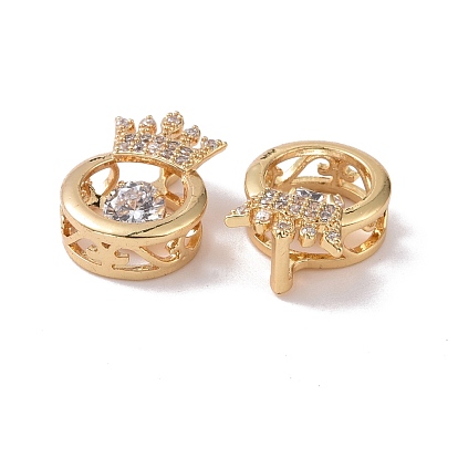 Brass Micro Pave Clear Cubic Zirconia Charms, Cadmium Free & Lead Free, Flat Round with Crown