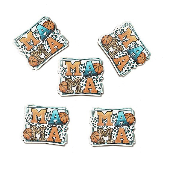 Mother's Day Single Face Printed Aspen Wood Pendants, Word MAMA with Basketball & Leopard Print Charm