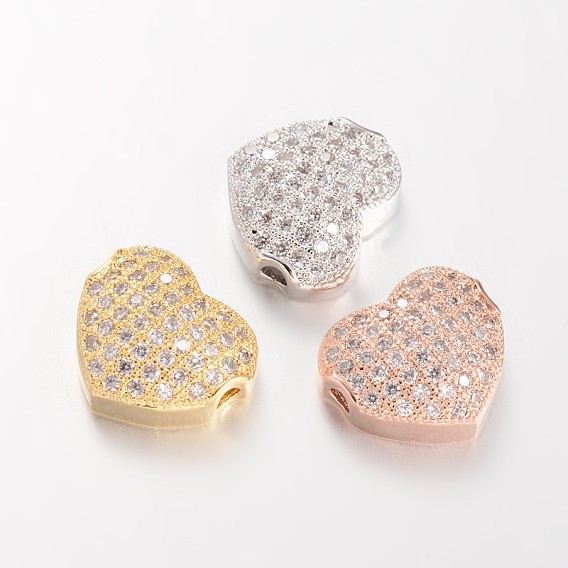 Micro en laiton de coeur ouvrent perles cubes de zircone, sans plomb et sans nickel, 10x11.5x4mm, Trou: 1.5mm