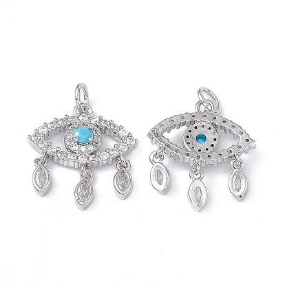 Brass Clear & Cyan Cubic Zirconia Pendants, with Jump Ring, Eye Charms