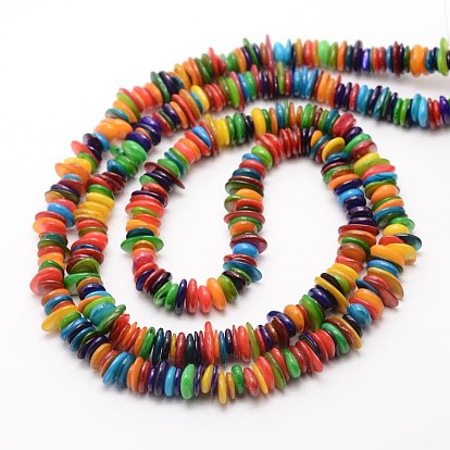 Dyed Disc Natural Freshwater Shell Beads Strands, Shell Shards, 7~13x2~3mm, Hole: 1mm, about 29.9 inch
