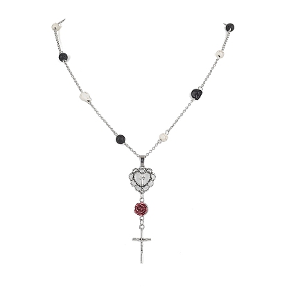 Collier de perles chapelet tête de mort et rondes en turquoise synthétique et pierre de lave naturelle, collier pendentif coeur & ross & croix en acier inoxydable