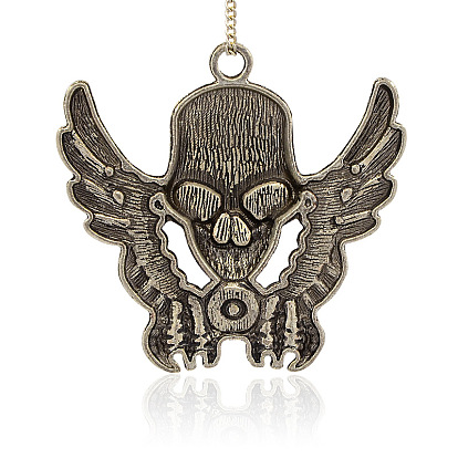 Antique Silver Plated Alloy Enamel Pendants, Skull with Wing, 66x62x9mm, Hole: 4.5mm