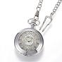 Carved Alloy Flat Round Pendant Necklace Quartz Pocket Watches, with Iron Chains