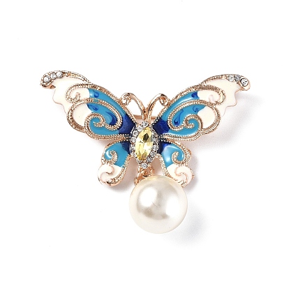 Mariposa con pasador de esmalte de perla de imitación de plástico, broche de aleación de oro claro con diamantes de imitación de cristal para ropa de mochila