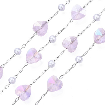 Glass Heart & ABS Plastic Pearl Beaded Chains, with Stainless Steel Color Plated 316 Stainless Steel Paperclip Chains, Soldered, Faceted, with Spool