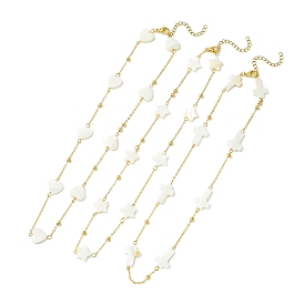 3pcs 3 colliers de chaîne à maillons en perles de coquillage naturel de style sertis de chaînes de câbles en laiton doré, coeur et étoile et croix