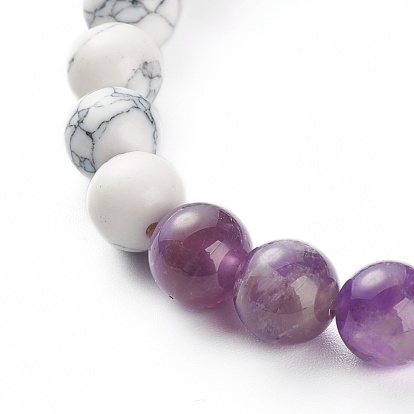 Bracelet extensible perles rondes pierres naturelles mélangées & howlite synthétique, cadeau de bijoux en pierre pour elle, platine
