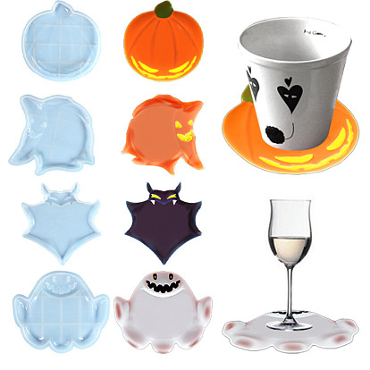 Moldes de silicona para tapete de taza diy con tema de halloween/fantasma/murciélago/calabaza, moldes de resina, para resina uv, fabricación artesanal de resina epoxi