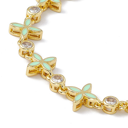 Pulsera de cadena con eslabones de circonitas cúbicas y flor de esmalte verde pálido, joyas de latón para mujer