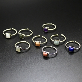Natural & Synthetic Mixed Gemstone Square Open Cuff Rings, Platinum Brass Ring