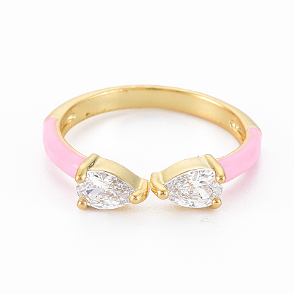Bowknot latón micro pavé anillos de puño de esmalte de circonita cúbica transparente, anillos abiertos de esmalte chapado en oro real 16k, sin níquel
