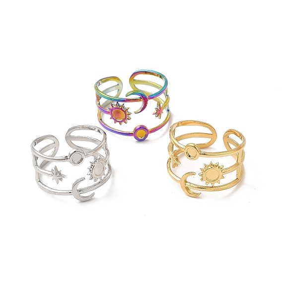Star & Moon & Sun 304 Stainless Steel Open Cuff Ring Findings, Ring Setting with Round Tray