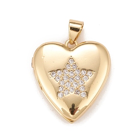 Brass Micro Pave Cubic Zirconia Locket Pendants, Photo Frame Charms for Necklaces, Real 18K Gold Plated, Lead Free & Cadmium Free, Heart with Star