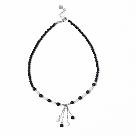 Natural Pearl & Glass Beaded Necklaces, 304 Stainless Steel Tassel Pendant Necklace for Women