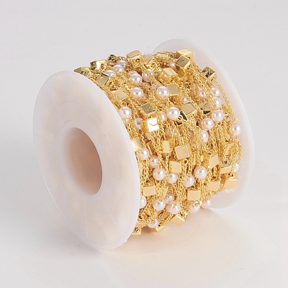 Brass Handmade Beaded Chain, Curb Chains, with CCB Plastic Imitation Pearl Bead, Long-Lasting Plated, Soldered, with Spool, Cube