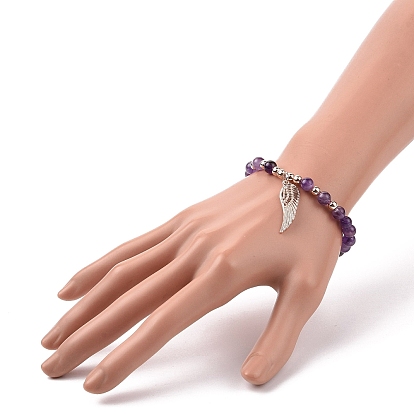 5Pcs 5 Style Natural Amethyst & Sunstone Round Beaded Stretch Bracelets Set, Wing Alloy Charms Stackable Bracelets for Women