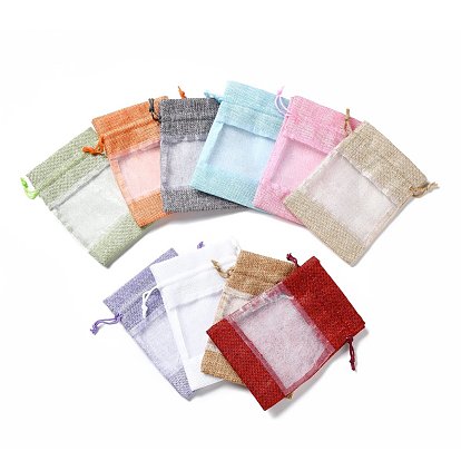 Linen Pouches, Drawstring Bags, with Organza Windows, Rectangle