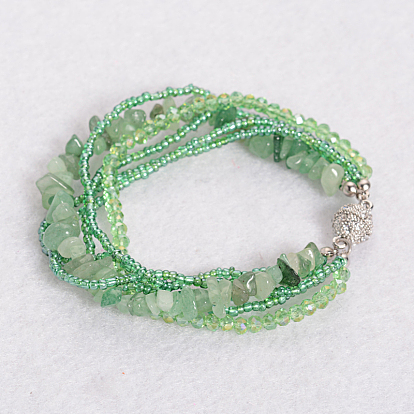 Pierres précieuses bracelets multi-brins, avec des billes de verre et des fermoirs magnétiques, taille: environ 210~220 mm de long, Perle: 2~13x1.5~6 mm.