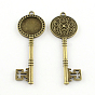 Tibetan Style Key Alloy Pendant Rhinestone Cabochon Settings, Lead Free & Cadmium Free, Tray: 20mm, Fit for 2mm rhinestone, 75x25.5x3.5mm, Hole: 3mm, about 130pcs/1000g