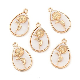 Natural Freshwater Shell Flower Pendants, Alloy Teardrop Charms