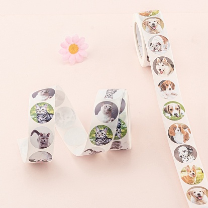 4 rollos 2 pegatinas de papel kraft autoadhesivas estilo gato y perro mascota, etiquetas adhesivas redondas planas pegatinas en rollo, etiqueta de regalo