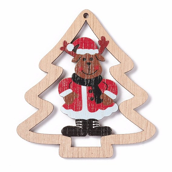 Printed Wood Big Pendants, Tree with Christmas Theme Pattern
