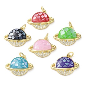 Brass Micro Pave Clear Cubic Zirconia Pendants, with Enamel, Shell and Jump Ring, Real 18K Gold Plated, Planet