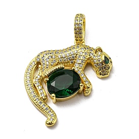 Real 18K Gold Plated Brass Pendants, with Cubic Zirconia and Glass, Leopard Charms