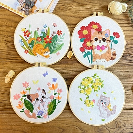 Flower Cat Pattern DIY Embroidery Starter Kit with Instruction Book, Embroidery Fabric & Bamboo Hoops & Thread and Needle, Easy Stamped Fabric Hand Crafts