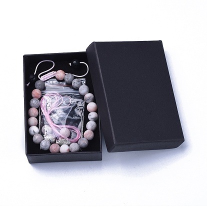 Nylon réglable bracelets cordon tressé, avec des perles de pierres précieuses naturelles et des perles en alliage de tête de Bouddha, cordon en caoutchouc creux, boite d'emballage