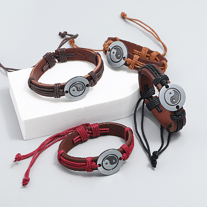 Bracelets réglables en cordon de peau de vache pour hommes, bracelets à maillons en alliage yin yang ton argent antique