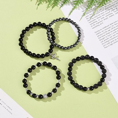 4Pcs 4 Style Natural Eyeless Obsidian & Lava Rock Beaded Bracelets Set, Cubic Zirconia Cross Charms Stackable Bracelets for Women
