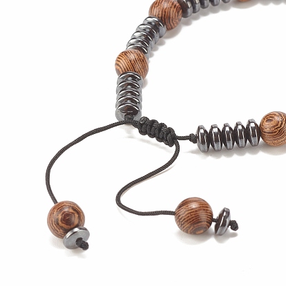 Natural Wenge Wood & Synthetic Hematite Braided Bead Bracelet, Adjustable Yogo Bracelet for Women
