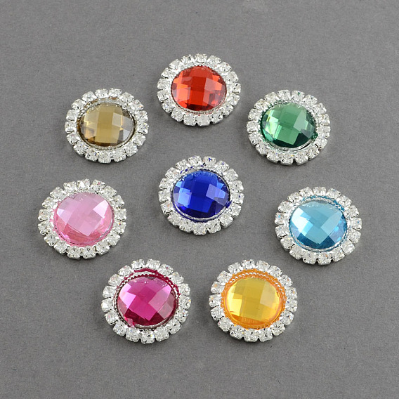 Shining Flat Back Faceted Half Round Acrylic Rhinestone Cabochons, with Grade A Crystal Rhinestones and Brass Cabochon Settings, Silver Color Plated Metal Color