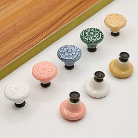 Porcelain Cabinet Door Knobs, Kitchen Drawer Pulls Cabinet Handles, Flat Round with Flower Pattern