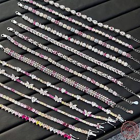Bracelet chaîne à maillons en argent sterling plaqué rhodium, bracelet tennes en zircone cubique coloré