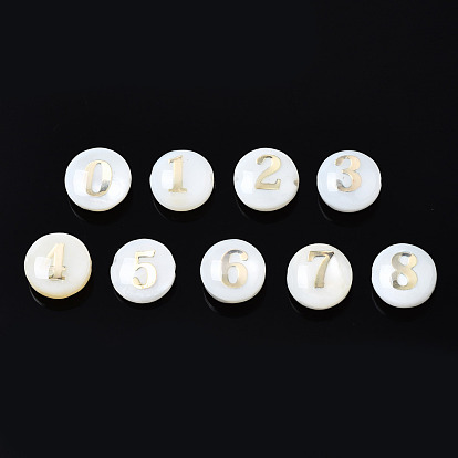 Natural Freshwater Shell Beads, with Golden Plated Brass Metal Embellishments, Flat Round with Number