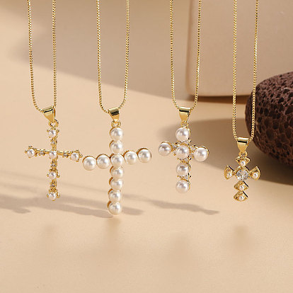 Cross Pearl Zircon Pendant Necklace for Fashionable Elegant Women
