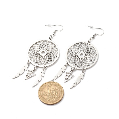 304 Stainless Steel Woven Net with Feather Dangle Earrings for Women