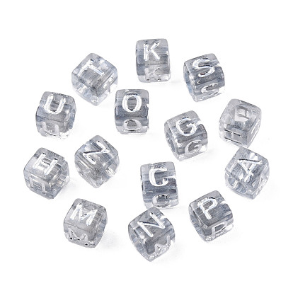 Granos de acrílico de recubrimiento transparente, agujero horizontal, metales enlaced, estilo alfabeto, cubo con letra aleatoria a`z