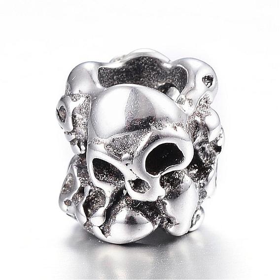 316 Surgical Stainless Steel European Beads, Skull, Large Hole Beads, Hollow