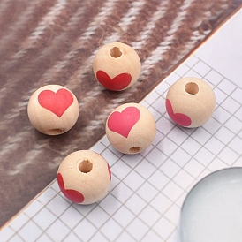 Valentine's Day Wood European Beads, Large Hole Bead, Round with Heart